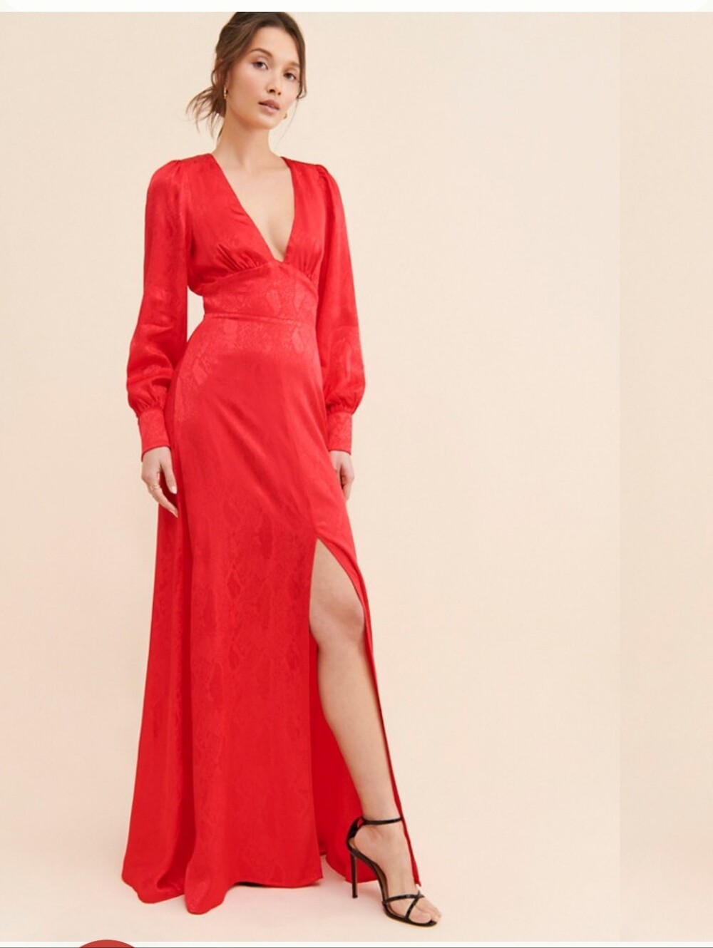 AFRM Red Long Sleeve V-Neck Gown with Side Slit